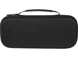 Une housse de transport noire pour une Nintendo Switch. Elle a une poignée et une fermeture éclair. Sur fond noir.