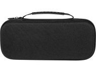 Une housse de transport noire pour une Nintendo Switch. Elle a une poignée et une fermeture éclair. Sur fond noir.