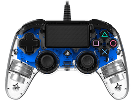 Manette PS4 avec design bleu transparent. Boutons et joysticks visibles. Fond noir.