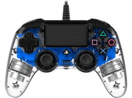 Manette PS4 avec design bleu transparent. Boutons et joysticks visibles. Fond noir.