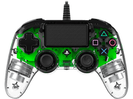 Manette PlayStation transparente avec circuit imprimé vert, boutons et câble noir.