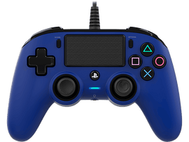Manette PS4 bleue avec boutons, partage, options et logo PS. Fond noir.