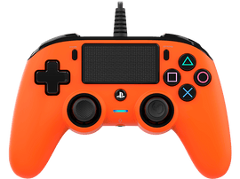 Manette PlayStation filaire orange, avec boutons et disposition des joysticks, fond noir et blanc.