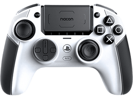 Manette de jeu blanche et noire avec des boutons et un pavé tactile central.