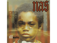 Pochette d'album avec le visage d'un garçon et une superposition de ville. Titre 'Illmatic', artiste 'Nas'.