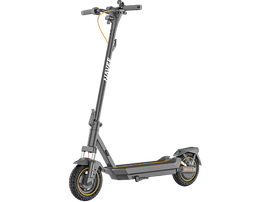 Une trottinette électrique NAVEE, gris foncé avec des accents jaunes, sur fond blanc.