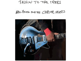 Image de guitare avec texte : Neil Young et les Chrome Hearts. Fond noir et blanc.
