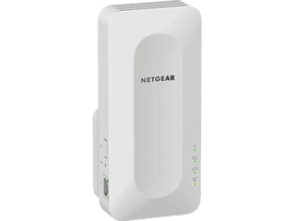 Répéteur WiFi Netgear blanc, design arrondi et voyants lumineux.