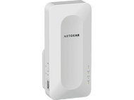 Répéteur WiFi Netgear blanc, design arrondi et voyants lumineux.
