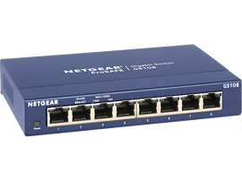 Commutateur Gigabit Netgear ProSAFE GS108 bleu avec huit ports.