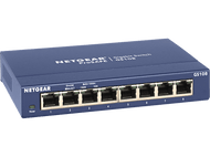 Commutateur Gigabit Netgear ProSAFE GS108 bleu avec huit ports.