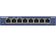 Charger l&#39;image dans la galerie, Switch Netgear GS108, bleu, avec ports et LED, sur fond blanc.
