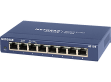 Charger l&#39;image dans la galerie, Un commutateur Gigabit Netgear ProSafe GS108 bleu, avec 8 ports et des voyants d&#39;alimentation.
