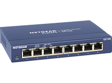 Charger l&#39;image dans la galerie, Commutateur Gigabit NETGEAR ProSAFE GS108 bleu. Il dispose de huit ports, d&#39;indicateurs d&#39;alimentation et d&#39;activité.
