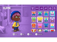 Charger l&#39;image dans la galerie, Un personnage avec un chapeau bleu et une veste jaune se tient près d&#39;un écran de sélection de vêtements.
