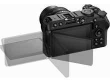 Charger l&#39;image dans la galerie, Appareil photo noir avec écran ouvert en angle, montrant l&#39;arrière.
