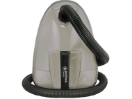 Aspirateur. Il a une forme ovale grise avec un tuyau noir.