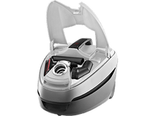 Charger l&#39;image dans la galerie, Aspirateur avec le dessus ouvert montrant les accessoires. Couleurs blanc et gris.
