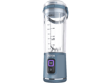 Charger l&#39;image dans la galerie, Blender Ninja bleu et gris. Il est cylindrique avec un bouton marche/arrêt et une échelle de mesure.

