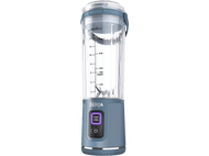 Blender Ninja bleu et gris. Il est cylindrique avec un bouton marche/arrêt et une échelle de mesure.
