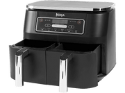 Friteuse à air Ninja noire avec deux paniers, affichage numérique et poignées argentées.