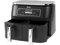 Friteuse à air Ninja noire avec deux paniers, affichage numérique et poignées argentées.