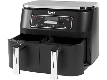 Friteuse à air Ninja noire avec deux paniers, affichage numérique et poignées argentées.