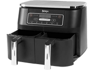 Friteuse à air Ninja noire avec deux paniers, affichage numérique et poignées argentées.