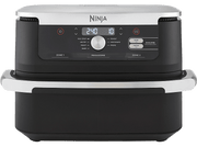Friteuse à air Ninja noire avec deux zones. Panneau d'affichage en haut. Accents argentés.