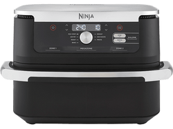 Friteuse à air Ninja noire avec deux zones. Panneau d'affichage en haut. Accents argentés.