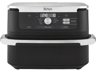 Friteuse à air Ninja noire avec deux zones. Panneau d'affichage en haut. Accents argentés.