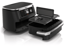 Charger l&#39;image dans la galerie, Friteuse à air noire avec des pièces séparées. L&#39;appareil est sur une surface blanche.
