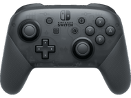 Une manette Nintendo Switch Pro gris foncé. Boutons et joysticks visibles.