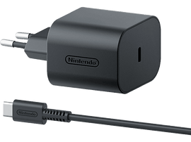 Chargeur Nintendo noir avec câble, avec le logo Nintendo.