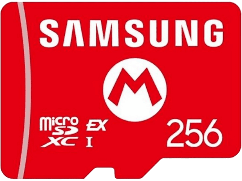Carte micro SD rouge avec texte blanc: "SAMSUNG", "micro SDXC I", "256" et logo "M" blanc.