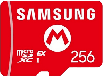 Carte micro SD rouge avec texte blanc: "SAMSUNG", "micro SDXC I", "256" et logo "M" blanc.