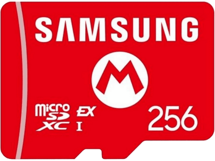 Carte micro SD rouge avec texte blanc: "SAMSUNG", "micro SDXC I", "256" et logo "M" blanc.