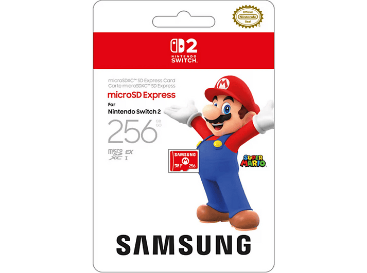 Une carte microSD Samsung pour Nintendo Switch. Avec Mario et un logo Nintendo Switch.