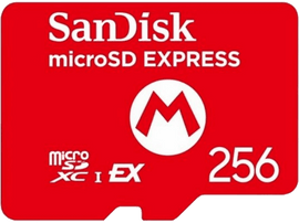 Carte microSD Express SanDisk rouge avec texte blanc, fond blanc.