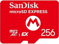 Carte microSD Express SanDisk rouge avec texte blanc, fond blanc.