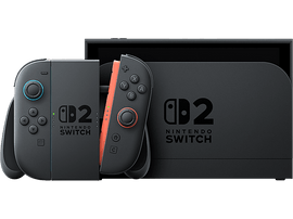 Console Nintendo Switch noire avec Joy-Cons rouges et bleus. Logo Switch sur la console et Joy-Cons.