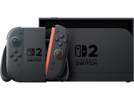 Console Nintendo Switch noire avec Joy-Cons rouges et bleus. Logo Switch sur la console et Joy-Cons.