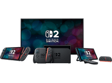 Charger l&#39;image dans la galerie, Une console Switch noire et des manettes. Un écran affiche le logo Nintendo Switch.
