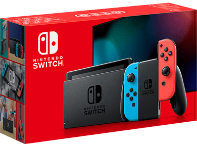 Boîte Nintendo Switch avec console, écran et manettes. Boîte rouge avec logo Switch et images.