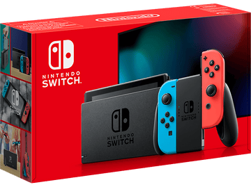 Boîte Nintendo Switch avec console, écran et manettes. Boîte rouge avec logo Switch et images.