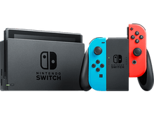 Charger l&#39;image dans la galerie, Console Nintendo Switch avec manettes détachables, une bleue, une rouge, et la console elle-même.
