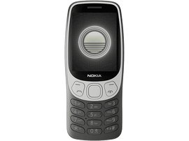 Téléphone Nokia 3310, gris et blanc, affichant un écran avec un logo, fond noir.