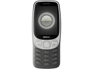 Téléphone Nokia 3310, gris et blanc, affichant un écran avec un logo, fond noir.