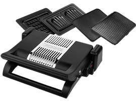 Gril électrique noir avec plaques interchangeables, dont des accessoires pour gaufres, grill et surface plane.