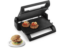 Charger l&#39;image dans la galerie, Gril électrique noir et argent. Deux hamburgers avec garnitures sur le gril et un hamburger dans une assiette.
